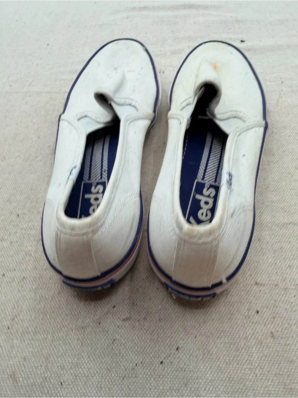 Keds White Canvas Slip-On Loafers with Red & Blue Trim